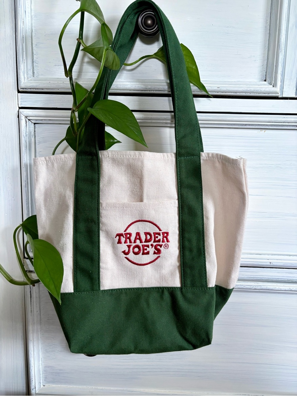 Trader Joe's Two-Tone Canvas Tote in Cream and Dark Green embroidered